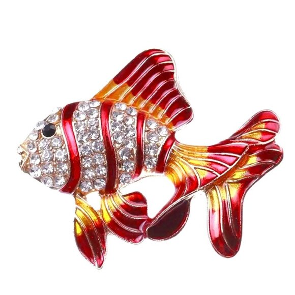 🌺 🌺 🌺Luxurious Rhinestone Fish Brooch - Elegant Red & Gold Enamel - Picture 1 of 2